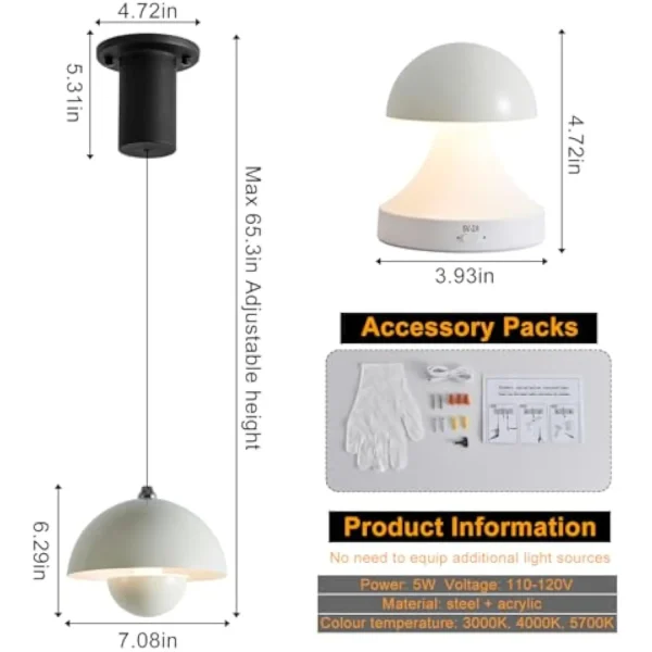 Pendant Lights Kitchen Island，Mid-Century Modern Rechargeable Pendant Light，Height Adjustable and Dimmable Battery Operated Pen - Image 4
