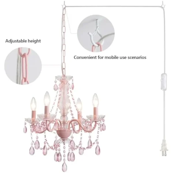Plug in Crystal Pink Chandelier, (Not acrylic Crystal),Mini 4 Lights for Girls Room,Pink Crystal Hanging Pendant Light with Cle - Image 3