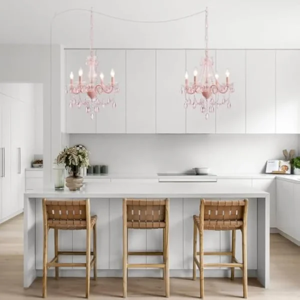 Plug in Crystal Pink Chandelier, (Not acrylic Crystal),Mini 4 Lights for Girls Room,Pink Crystal Hanging Pendant Light with Cle - Image 4