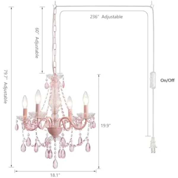 Plug in Crystal Pink Chandelier, (Not acrylic Crystal),Mini 4 Lights for Girls Room,Pink Crystal Hanging Pendant Light with Cle - Image 2