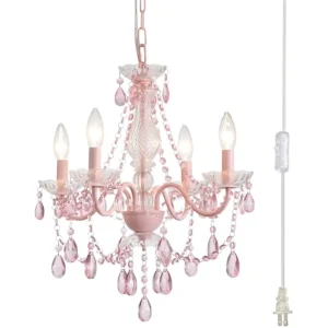 Plug in Crystal Pink Chandelier, (Not acrylic Crystal),Mini 4 Lights for Girls Room,Pink Crystal Hanging Pendant Light with Cle