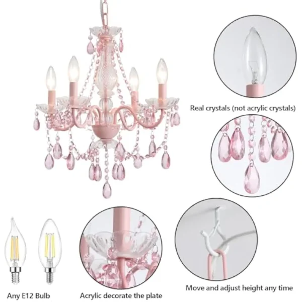 Plug in Crystal Pink Chandelier, (Not acrylic Crystal),Mini 4 Lights for Girls Room,Pink Crystal Hanging Pendant Light with Cle - Image 5